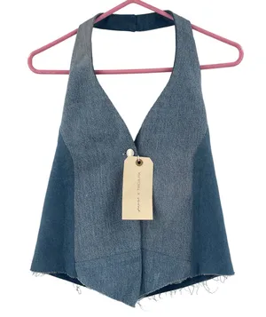 FREE PEOPLE x TRICIA FIX Split Denim Vest Size Extra Small Patchwork Halter NWT thumbnail 1