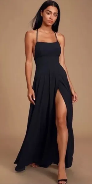 Lulu's Black "Dreamy Romance" Maxi Dress NWT Open back Gown with slit thumbnail 1
