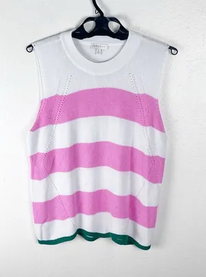 CROWN & IVY Pink White Striped Cap Sleeves V-Neck Sweater Vest XL Preppy Tennis thumbnail 1