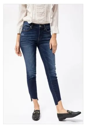 Kancan Mid Rise Ankle Skinny Jeans Size 11/29 Dark Wash Raw Hem KC8396D thumbnail 9