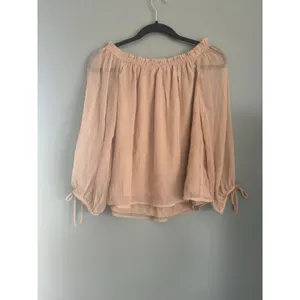 Loft NWT Beige Sheer Chiffon Peasant Blouse M Ruffle Boat Neck 3/4 Bell Sleeve thumbnail 5
