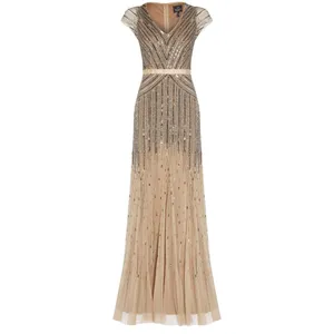 NWT Adrianna Papell Long Beaded‎ V-Neck Gown w/ Cap Sleeves & Waistband – Size 6 thumbnail 6