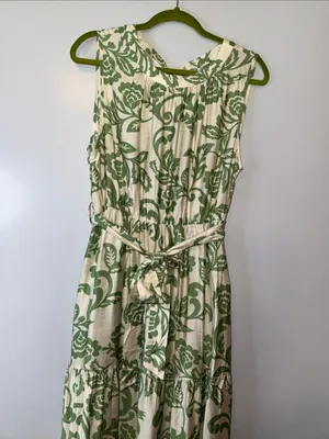 Sleeveless Cream Maxi Dress with Green Floral Print and Waist Tie thumbnail 5