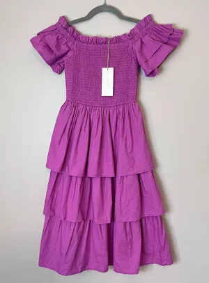 Cleobella NEW Kaiya Tiered Cotton Smocked Ruffle Sleeve Midi Dress Azalea thumbnail 2