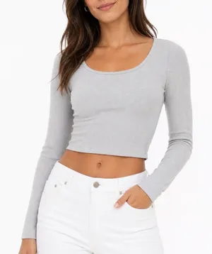 SHEIN Womens Heather Grey Ribbed Square Neck Long Sleeve Crop Top Size M thumbnail 1