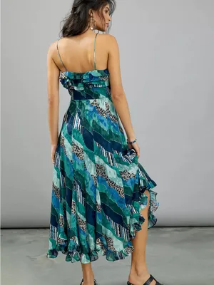 Anthropologie Hutch Ondine Ruffled Maxi Dress Blue Abstract Print Romantic Sz 2 thumbnail 2