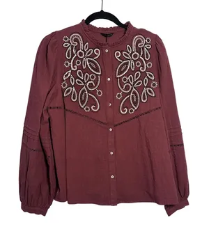 Zara Burgundy Embroidered Cotton Blouse Ruffle Neck Boho Top L 7200/228/681 thumbnail 1