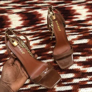 Chocolate Brown Patent Leather 3.2” block heels sandals pumps gold padlock chains open peep toe ankle strap #evening #party going out #glamour Size 7 thumbnail 1
