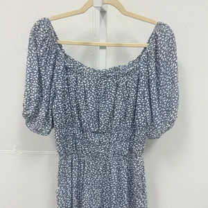 Sincerely Jules Leaf Print Smocked Waist Wide Leg Jumpsuit Medium Blue White thumbnail 3