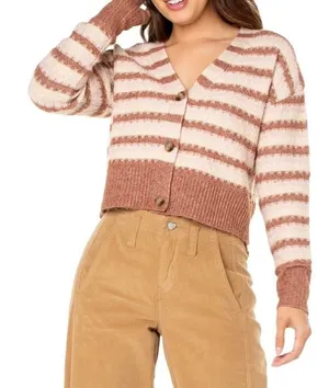 Celebrity Pink‎ Striped V Neck Crop Cardigan Sweater Women M Rose Button Front thumbnail 1