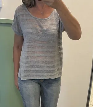 Tea n Rose Sheer Stripe Top Women Gray Short Sleeve Scoop Neck Size M thumbnail 1