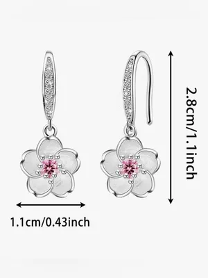 Sterling Silver 925 Floral Drop Earrings with Pink Crystal Center thumbnail 2