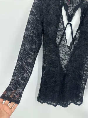 Vintage Y2K Black Lace V Neck Long Sleeve Shirt Size XL Whimsical Dark Romance thumbnail 7