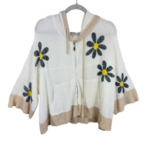 Mello‎ Cream Tan Flower Full Zip Hooded Oversized Super Stretchy Cardigan Size M thumbnail 2