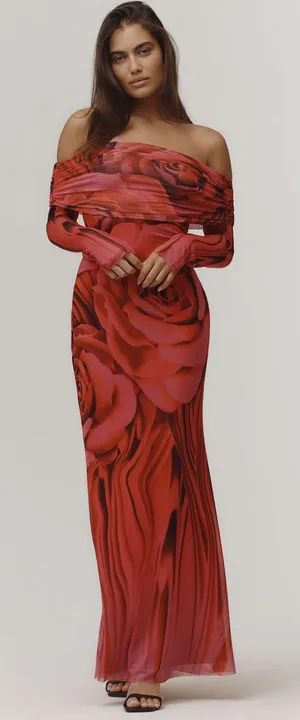 Anthropologie AFRM Long-Sleeve Off-The-Shoulder Mesh Maxi Dress thumbnail 1