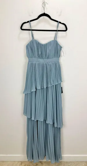 Lulus Jehona Dusty Blue Pleated Tiered Maxi Dress Long Formal A Line Small NWT thumbnail 5