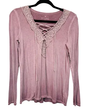 American Eagle Soft & Sexy Womens Small Lace Up V-Neck Top‎ Mauve thumbnail 1