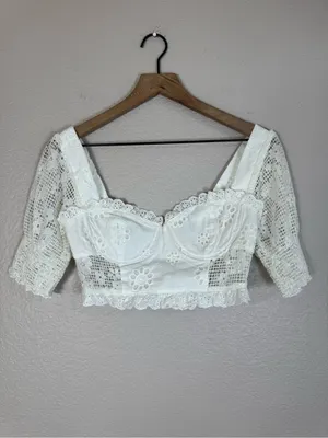 More To Come Kallie Crop Top Eyelet Lace Embroidered White XS $68 Revolve thumbnail 3