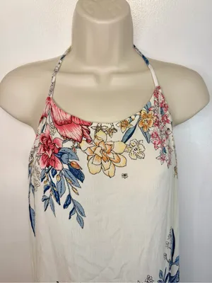 Billabong XS San Sebonne Floral Halter Maxi Dress Ivory Pink Crinkle Open Back thumbnail 6