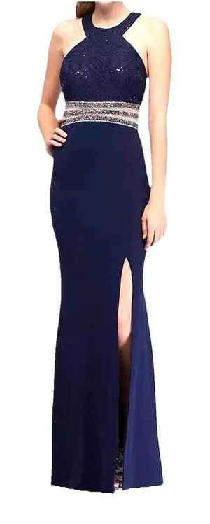 Speechless Navy Lace Halter Formal Gown Beaded Waist Slit Prom Dress 5 S thumbnail 1