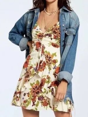 Free People Floral Ruched Ruffle Sleeveless Mini Sundress Ivory Multi Size M thumbnail 1