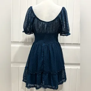 Altar'd State Navy Swiss Dot Puff Sleeve Mini Dress thumbnail 2