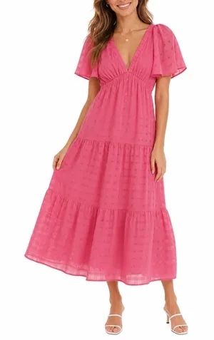 Stile Collection Pink Tiered Maxi Dress Flutter Sleeve V-Neck Checkered Medium thumbnail 1