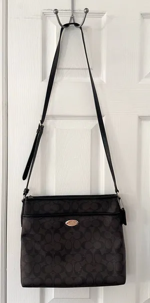 Coach Signature File Slim Crossbody Brown Black Coated Canvas Signature CC Bag thumbnail 1