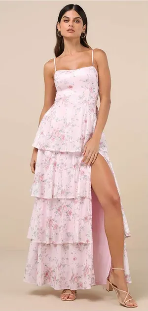 Lulus Flourishing Shine Light Pink Floral Sequin Tiered Maxi Dress Size Large thumbnail 1