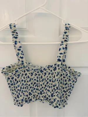 Vanilla Star Blue & White Smocked Floral Crop Top thumbnail 2