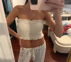 Urban Outfitters Smocked Cream Tube Top with Ruffle Detail thumbnail 1