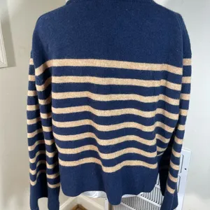 J. Crew Navy and Tan Striped chunky crewneck Sweater size XL thumbnail 4