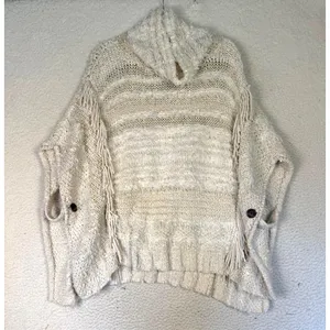 Anthropologie Fringed Boho‎ Poncho M/L Marilyn Cream Coverup Boho Side Buttons thumbnail 1