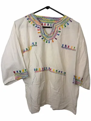 Embroidered White Cotton V-Neck Tunic with Multicolor Tassel Accents thumbnail 1