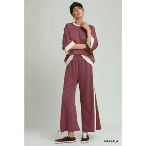 Umgee Colorblock Side Stripe Straight Pants - Marsala - Large thumbnail 2