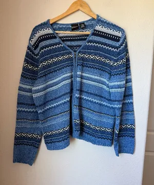Vintage ERIKA Blue Fair Isle Nordic Zip Cardigan Sweater Ramie Cotton L thumbnail 1
