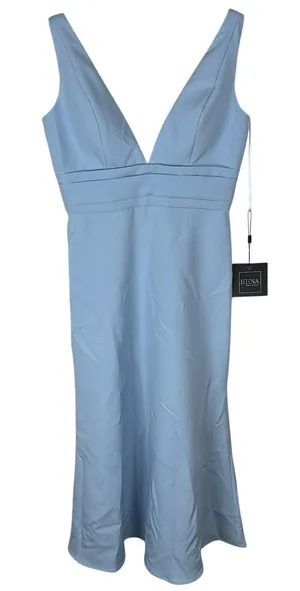 NEW Ieena Mac Duggal Formal Gown Midi Tea Length Dress 8 Dusty Blue Sleeveless thumbnail 1