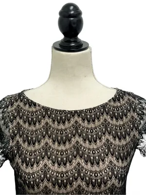 Ann Taylor Black Nude Sheer Lace Overlay Round Neck Short Sleeve Top Size S thumbnail 2