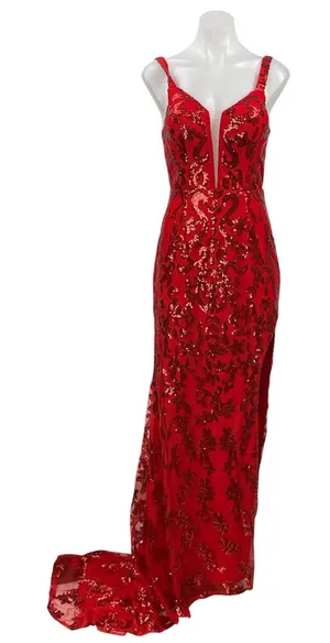 HY Red Sequin Sparkly Sleeveless Plunge V Neck Slit Cami A Line Maxi Dress M thumbnail 1