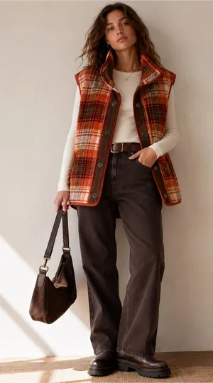 Free People Wrapped Up Blanket Vest Orange Plaid Wool Blend S thumbnail 1