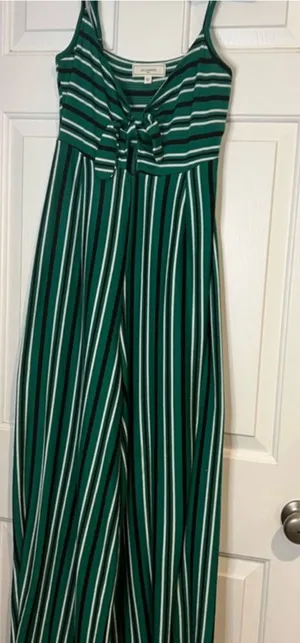 No Comment Wide Leg Green Striped Jumpsuit Adjustable Straps thumbnail 1
