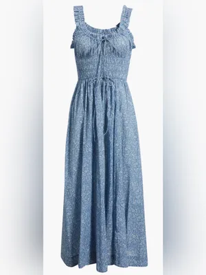 NEW DÔEN Ditsy Floral Organic Cotton Smocked Midi Blue Garden Bloom Dress sz XS thumbnail 3