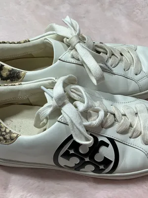 Tory Burch White Leather Sneakers with Black Logo and Snakeskin Trim 159 thumbnail 2