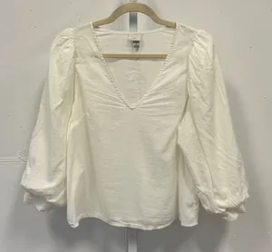 A New Day White V-Neck Puff Sleeve Blouse Medium Cotton Rayon Top Boho Casual thumbnail 1