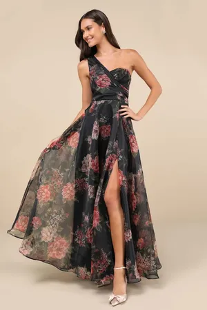 New Lulus Black Floral Organza One-Shoulder Maxi Dress Size XL MSRP $138 thumbnail 2