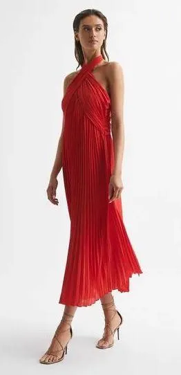 Reiss NWT ROYA HALTER NECK PLEAT Red MIDI DRESS thumbnail 4