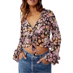 FREE‎ PEOPLE Maybel Sheer Floral Tie Front Peplum Top Crop Black Pink Small New thumbnail 3
