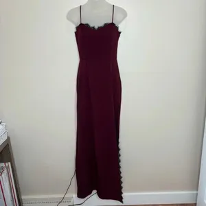 Wayf The Mia Lace Trim Front Slit Gown In Cabernet red burgundy black size XS thumbnail 3