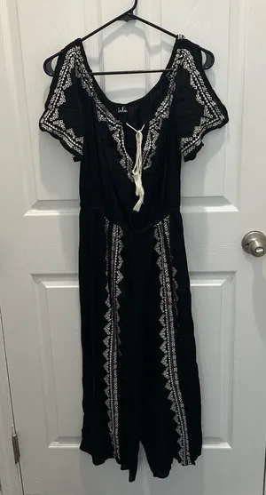 Lulus Black Jumpsuit with Off White Embroidery and Tassel thumbnail 1
