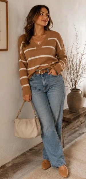 Aerie Striped V-Neck Sweater Brown White Oversized Knit XS thumbnail 1